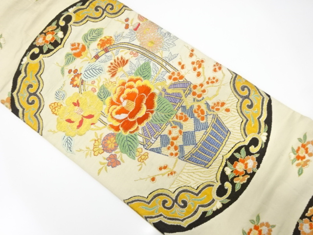 アンティーク　絵皿に花籠模様織り出し丸帯（着用可）